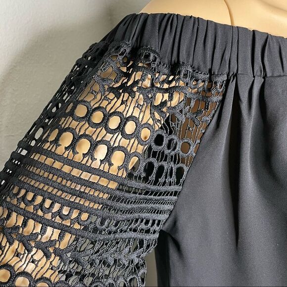 NWT Express Off Shoulder Black Blouse Eyelet Lace Sleeves Semi Sheer Size Small - Picture 13 of 13